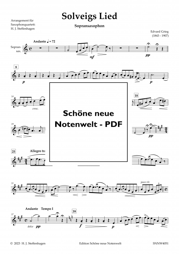 Bild 1 von Edvard Grieg - Solveigs Lied arr. für  Saxophon - Quartett - pdf